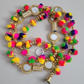 Indian Handmade Pom Pom Garland with mirrors latkans 5 feet approx pack of 2 garlands Diwali decor Christmas decor (Multicolor)