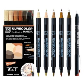 Kuretake Zig Cartoonist KURECOLOR Fine&Brush Portrait set, 5 colors with MANGAKA Black, Alcohol-based twin tipped dual marker pens, for Artist, Professional, Made in Japan