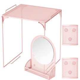 Svartur Locker Shelf with Locker Mirror Magnetic & 2 Magnetic Pen Cups, Locker Organizer for Work, Mesh Metal Locker Accessories Kit for School Locker, Locker Decor Office Supplies, Pink