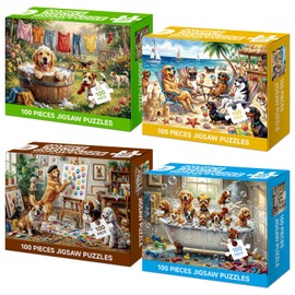 4-Pack 100 Piece Puzzles for Kids Ages 4-6 6-8 8-10, Funny Dogs 100 Piece Puzzles for Seniors Adults, Cute Animals Large Piece Kids Puzzles 100 Pieces for Seniors Adults Family Game Gifts (15x10 in)