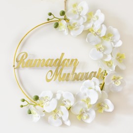 Ramadan Mubarak Wreath,Wreath Ramadan Decorations for Home Front Door,Round Metal Hoop Floral Hanging Garland for Wall Window Indoors Outdoor Farmhouse Decor