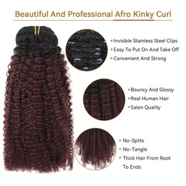 ABH AMAZINGBEAUTY HAIR 4B 4C Afro Coily Clip in Hair Extensions Human Hair For Black Women Double Wefts Afro Kinky Curly Clip in Human Hair 120G 7Pcs Natural Black and Red Wine T#1B/99j 12 Inch