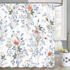 Spring Blue Floral Shower Curtain Set - Watercolor Boho Modern Design with Hooks, 72X72 IN