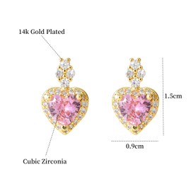 October Birthstone Earrings for Women Dainty 14k Gold Plated Gold Pink Tourmaline Earrings Heart Stud Earring Cubic Zirconia Earring Valentines Birthday Gifts for Women