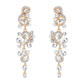 Clearine Wedding Bridal Clip On Earrings for Women Bohemian Boho Crystal Floral Vine Chandelier Hollow Dangle Earrings Clear Gold-Toned