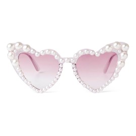 ADE WU Heart Sunglasses With Pearl Women Cute Purple Frame Heart Shaped Cateye Sun Glasses UV Protection (Purple Lens)
