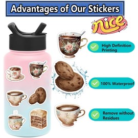 50Pcs Cute Stickers for Girls Women, Waterproof Vinyl Stickers for Laptops, Water Bottle, Suitcase, Skateboard, Stationery Decoration (Coffee Desserts)