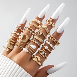 Stocking Stuffers for Women Gold Stackable Rings for Women That Don't Tarnish Waterproof Boho Butterfly Pearl Leaf Pearl Rings Set Christmas Stocking Stuffers Gifts