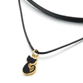 COOLSTEELANDBEYOND Ladies Black Choker Necklace with Dangling Black Enamel Kitty Cat Charm Pendant(CA)
