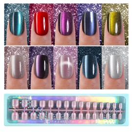 Vansiho 300Pcs Cat Eye Press on Nails, Glossy Glitter Cat Eye Designs Nail Tips for Women, Short Square Soft Gel Fake Nails, for Women and Girls Glossy Reusable Nail Tips in 15 Sizes