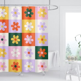 ZXMBF Retro Flower Checkered Shower Curtain Aesthetic Floral Funky Colorful Mid Century Modern Groovy Hippie Boho Home Bathroom Decor Waterproof Fabric 72Lx72W Inch with Plastic 12PCS Hooks