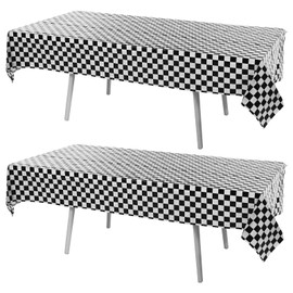Thinp Pack of 2 Black White Checked Tablecloths, 137 x 274 cm, Black Checked Plastic Tablecloth, Racing Track Tablecloths, Tablecloth Racing with Checked Flag, for Racing Car Party Decorations