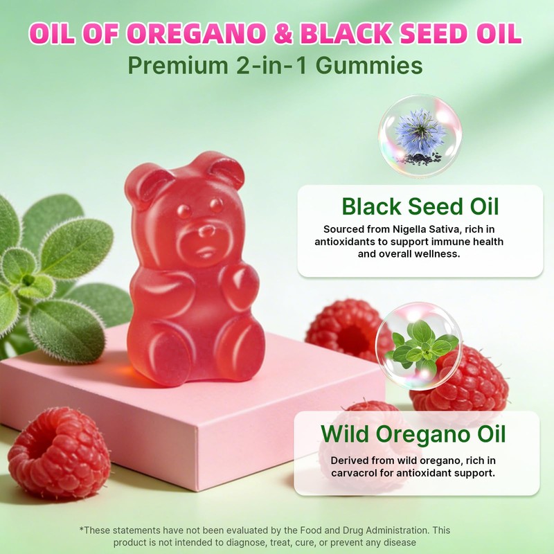 Mchokuu Oil of Oregano with Black Seed Oil Gummies, Raspberry,