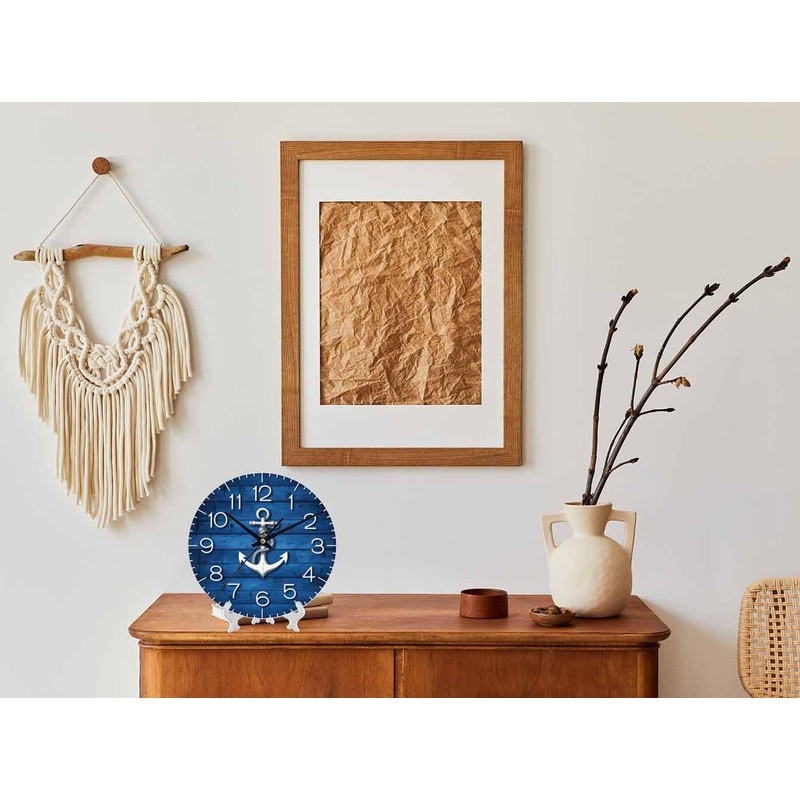 White Anchor Wall Clock Battery Operated Nautical Vintage Wood Blue