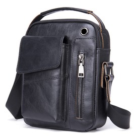 Leather Shoulder Crossbody Bag for Men Business Messenger Briefcase Handbag Phone Wallet Tote Casual Daypack with Phone Cable Hole Black
