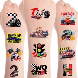 Fast Race Car Temporary Tattoos - 6 Sheets Two Fast Racing Tattoo Stickers for Kids, 2nd Birthday Party Favors Supplies Decorations Sticker for Boys and Girls, Classroom School Prizes Rewards Gifts