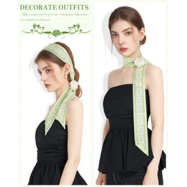 JENSVOIR Scarf for Women, Green Border Leaf Slim Flower Chiffon Neck Scarf Removable Rose Light Soft Fashion Scarves Neckerchief Hair Band