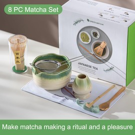 GHYXFDAI 8 Pcs Matcha Set, Matcha Tea Set with Matcha Whisk, Matcha Whisk Holder, Matcha Bowl, Strainer, Two Bamboo Scoop, Scoop Holder, Tea Cloth, Gift for Matcha Lover, Japanese Matcha Kit