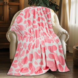 MACEVIA Strawberry Cow Print Blanket for Couch, Flannel Fleece Cow Print Stuff, Cute Throw Blankets for Bed Sofa, Soft Cozy Warm Lightweight Blankets for Travel Camping 260GSM (Pink Cow, 50"x60")