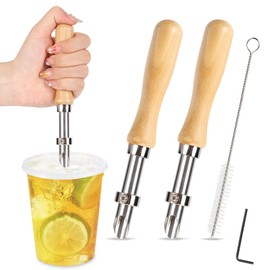 2 Pcs Straw puncher For Plastic Lids Lemonade Cups Stainless Steel Circular Hole Wooden Handle Straw Puncher For Fresh Squeezed Lemonade Cafe Drinks