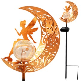 YJFWAL - Paquete de 2 luces solares de jardín, luces de estaca, luna, hada, globo de vidrio con decoración de ángel, luces decorativas al aire última intervensión, impermeables para pasarela, patio,