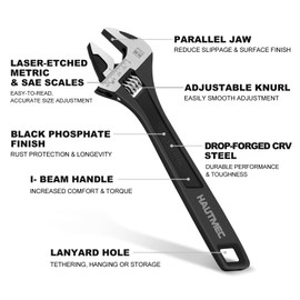 HAUTMEC Adjustable Wrench Set Extra Wide Jaw Black Finish Adjustable Wrenches Drop-Forged CR-V Steel Metric & SAE Scales 6 in. 8 in. 10 in. for Home Garage Workshop DIY