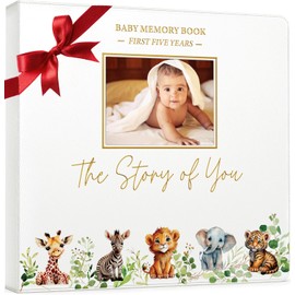 Baby Book Keepsake - Timeless Baby Memory Book for Boy or Girl I First 5 Year I Faux Leather, Gender Neutral, Safari Theme w/Gold Foil Stamp - Baby First Year Book Journal Scrapbook Photo Album Shower