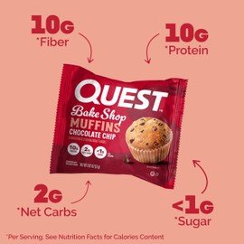 Quest Nutrition Chocolate Chip Muffin, 10g Protein, 2g Net Carb, Less than 1g Sugar, Protein Snack, 8 Count