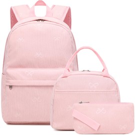 School Backpack for Girls 3pcs Set Bowknot Corduroy Bookbag for Kids Teens School Bags with Lunch Box for Primary Middle School College Daypack