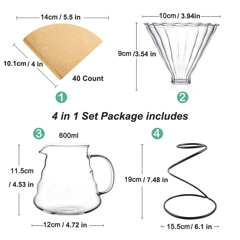 Pour Over Coffee Maker Set – Includes Glass Coffee Dripper,