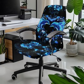Cadowhimsy Office Chair Slipcover Removable Computer Chair Cover Blue Floral Dolphin Print Swivel Rotating Chair Protector Washable Stretchable Home Office Decor, Large
