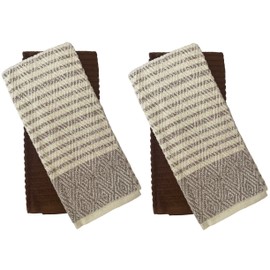 Diamond Design with Stripes 100% Ring-Spun Terry Cotton Kitchen Dish Towels, Set of 4 - Size: 16” x 27”, 410 GSM, 2 White/Tan and 2 Solid Tan Terry Cloth Dish Towels Super Soft, Highly Absorbent.