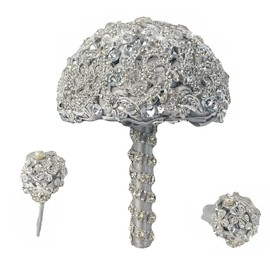 DOTKV Wedding Bouquet Luxury Artifical Diamond Wedding Bouquet Set Including Bouquets, Wrist Flowers,Corsage,Handmade with Shimmering Diamonds for Elegant Bridal (Silver+Gray)