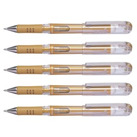 PENTEL K230M Gel Ink Rollerball Pens Metallic Hybrid Gel Grip DX Pack of 5 Gold