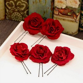 Beaupretty 6 Pieces Wedding Updo Hairpins Red Rose Flower Hair Sticks U-Shaped Hair Chopsticks for Bride Bridesmaid