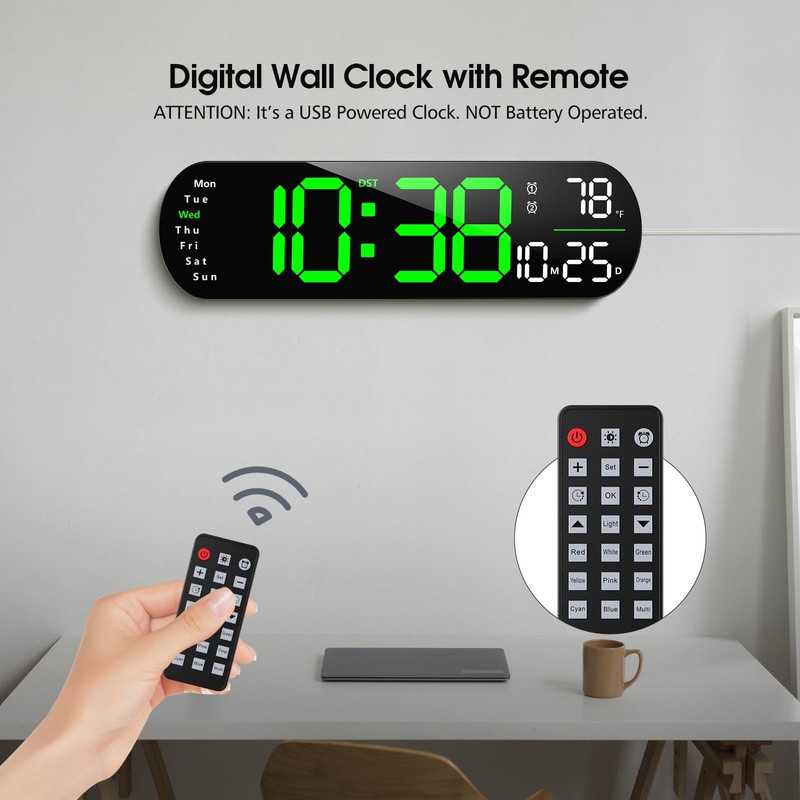 Zgrmbo Digital Wall Clock, 13" Large Display Digital Clock with