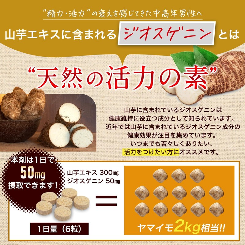 【製薬会社監修】山芋エキスプラス 中高年男性応援サプリ 亜鉛 アルギニン 高麗人参 ビタミンB 野中烏犀園 180粒 (30日分)