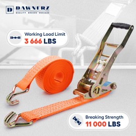 Dawnerz Tie Downs Ratchet Straps 2 inch X 20 ft - Heavy Duty Ratchet Strap with Double J Wire Hooks 11000 Lb Breaking Strength - Cargo Tie Down for Truck and Trailer