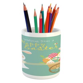 Ambesonne Easter Pencil Pen Holder, Smiling Bunny with a Cart Full of Colorful Eggs and Rabbits Spring Holiday, Ceramic Pencil Holder for Desk Office Accessory, 3.6" X 3.2", Multicolor