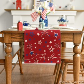 Artoid Mode Red Freedom Stars 4th of July Table Runner, Patriotic Memorial Day Kitchen Dining Table Decoration for Home Party Decor 13x90 Inch