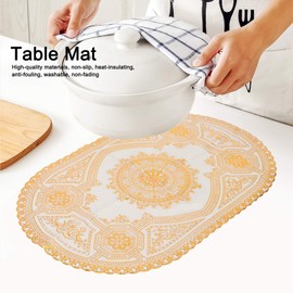 BORDSTRACT Oval Golden Placemats, 2Pcs Non-Slip Vintage Lace Table Mats Place Mats, Heat Resistant Dining Table Pads, for Home Kitchen Restaurant Decoration(Style 03)