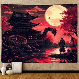 PAOPOED Anime Samurai Tapestry, Cool Japanese Black and Red Art Tapestry Wall Hanging for Men，Asian Medieval Fantasy Dragon Mountain Decor for Classroom Bedroom Living Room Dorm Decor, 60X40 Inch