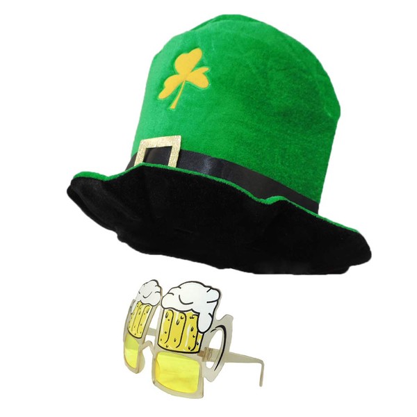 Plush Green Saint Patrick's Day Leprechaun Oversize Top Hat with Beer Glasses