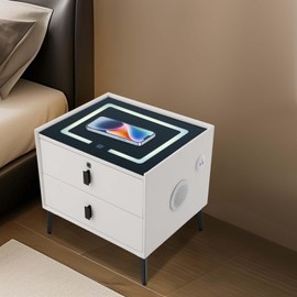 Smart Nightstand with 2 Fingerprint Lock Drawer, Smart Bedside Side Table with Wireless/USB Charging, LED Nightstands with 3 Adjustable Lights & Bluetooth Speaker, Solid Wood End Table (White)
