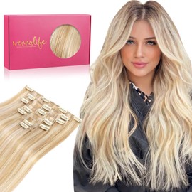 WENNALIFE Clip in Hair Extensions Human Hair 20 Inch 120g 7pcs Dirty Blonde Highlighted Bleach Blonde Hair Extensions Clip in for Women Real Human Hair Rallonge Cheveux Extensions