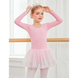 Zaclotre Girls Ballet Tutu Long Sleeve Leotards Dance Dress Ballerina Costume with Skirt Gymnastics Outfits Pink Size 8-9