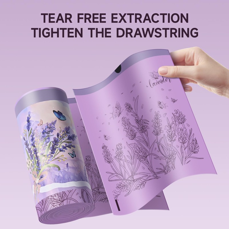 50-Pack 4 Gallon (15L) Drawstring Bin Liners | Colourful Lavender-Printed