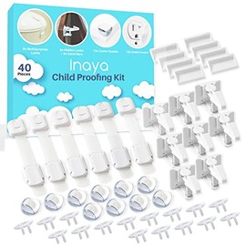 Inaya Kit Completo de Protección para Bebés - Cerraduras Ocultas de Seguridad Infantil para Gabinetes y Cajones, Cerrojos de Seguridad Ajustables, Protectores de Esquinas y Cubiertas de Enchufes