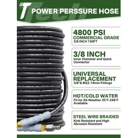 TechSweepPro 3/8" 4800PSI Pressure Washer Hose 150FT with Swivel Quick Connect for Cold/Hot Water Max 248°F, Kink Resistant Steel Wire Braided, Wear Resistant Power Washer Hose with M22 14mm Adapter