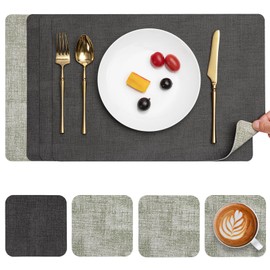 Myir JUN Washable Leather Placemats and Coasters, Double-Sided Place Mats Set of 4 Non-Slip Placemats Leather Faux Leather Place Mats (Grey Green, Set of 4)